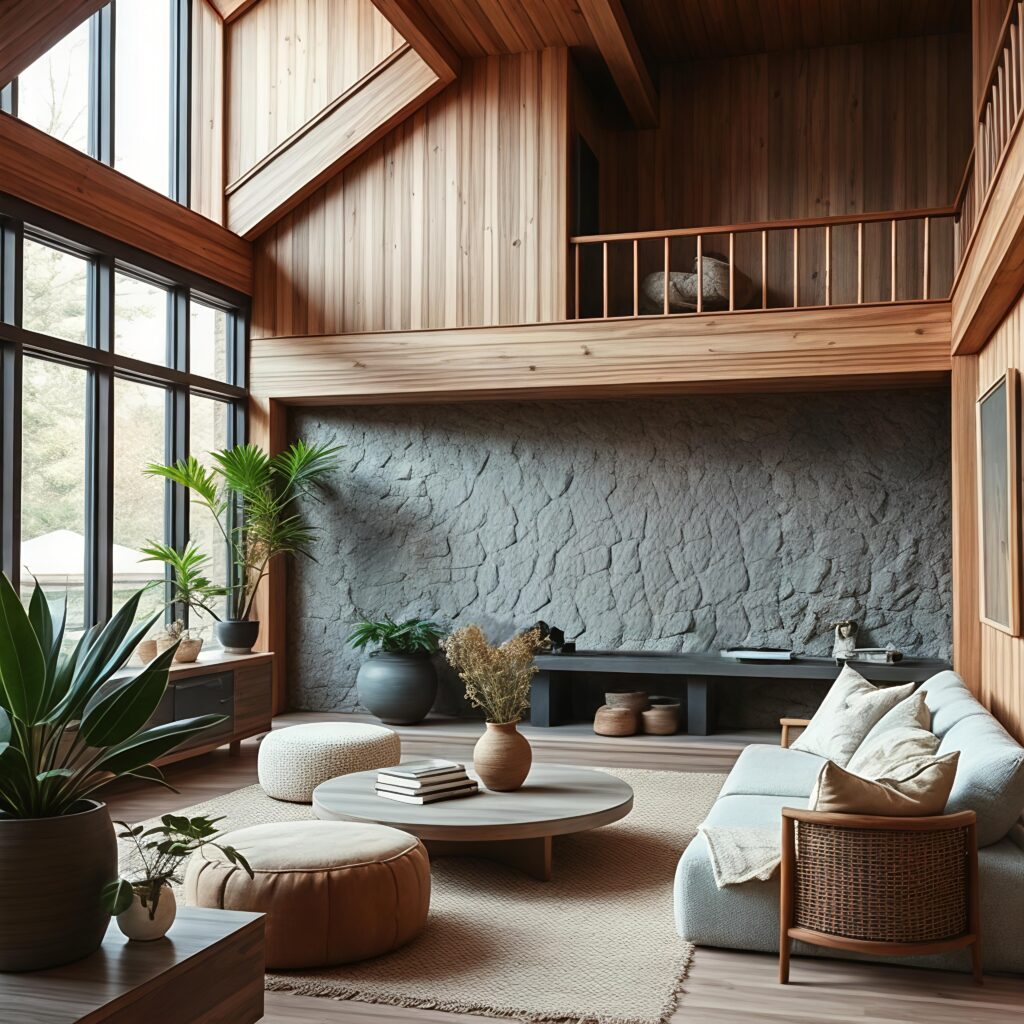 A modern interior with natural materials – wooden elements, stone, plants and organic fabrics in a subdued colour palette.