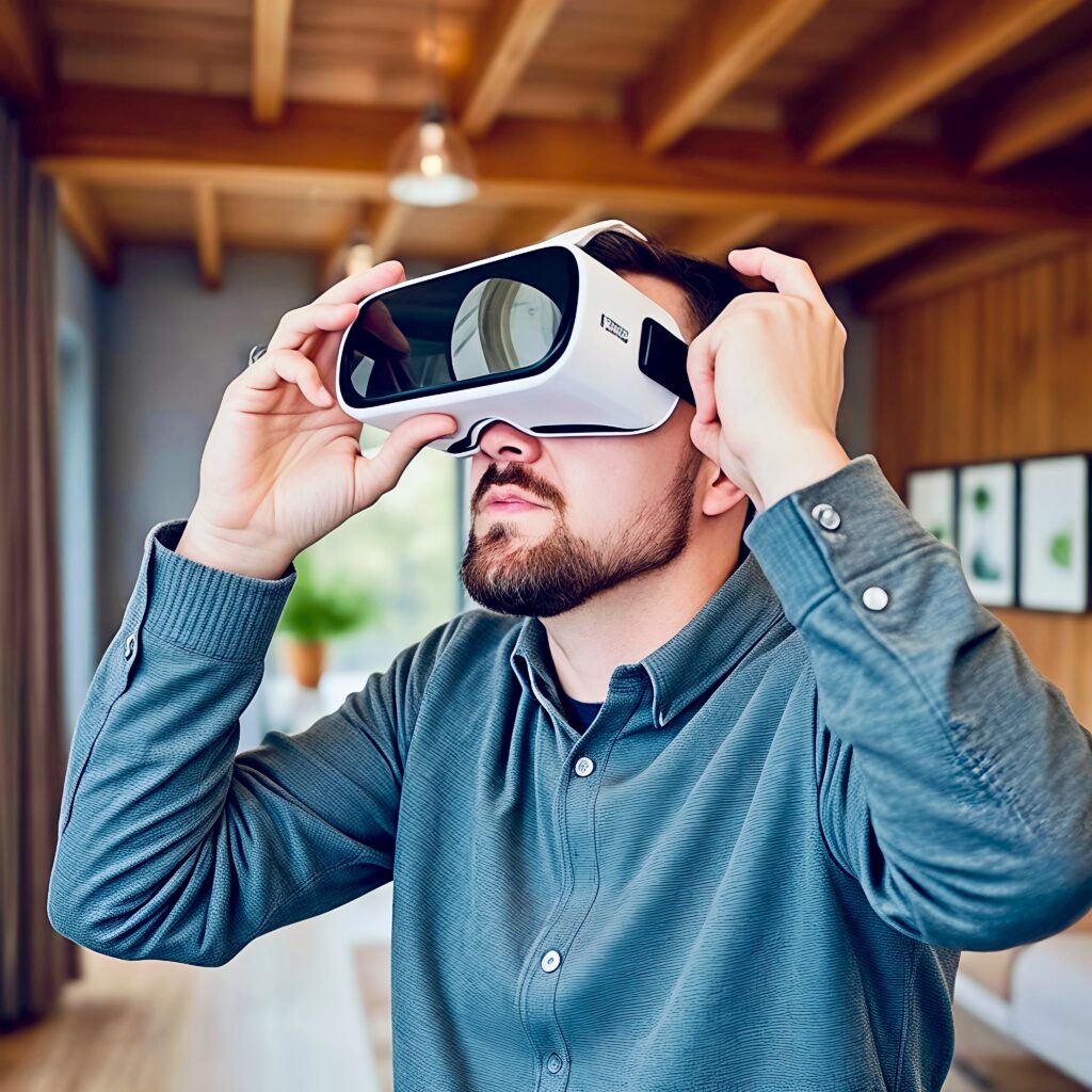 Projektant wnętrz w konsultacji z klientem używa okularów VR do wizualizacji projektu nowoczesnego mieszkania w czasie rzeczywistym