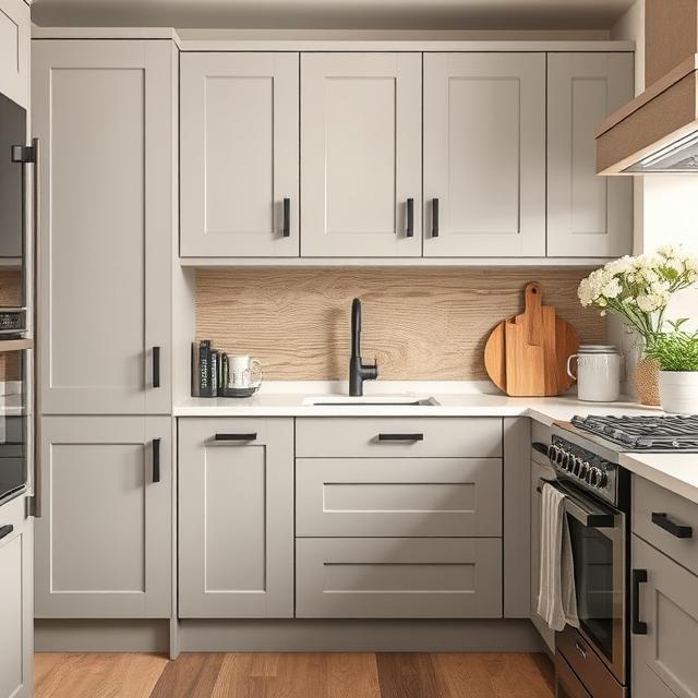 Kuchnia z matowymi frontami w kolorze greige z widoczną strukturą drewna i czarnymi uchwytami