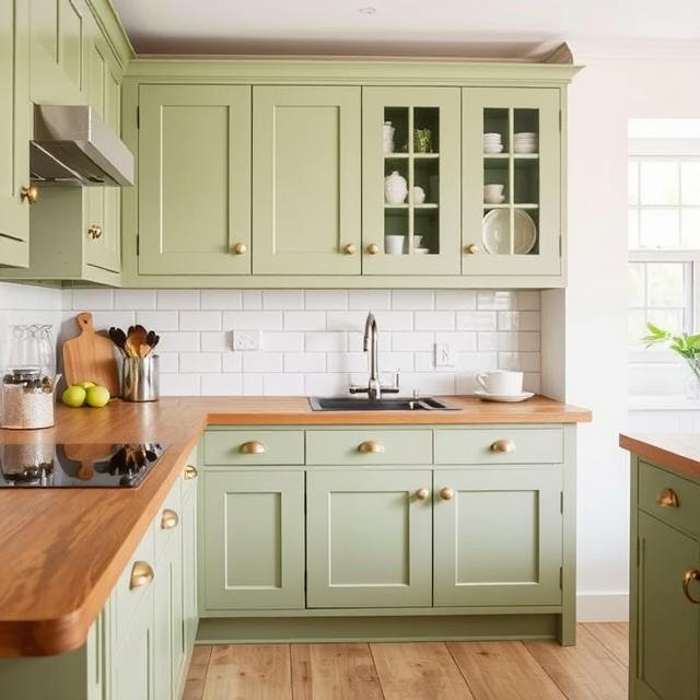 Kuchnia z frontami w kolorze sage green z drewnianymi blatami i mosiężnymi uchwytami