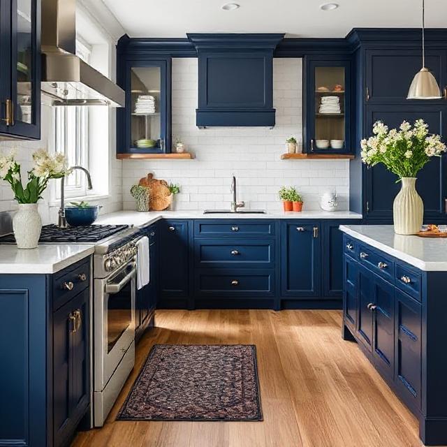 Navy blue fronts add elegance and depth to the kitchen.