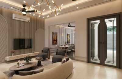 Stylish and elegant living room interior with modern decor and lighting, featuring a cozy seating area.