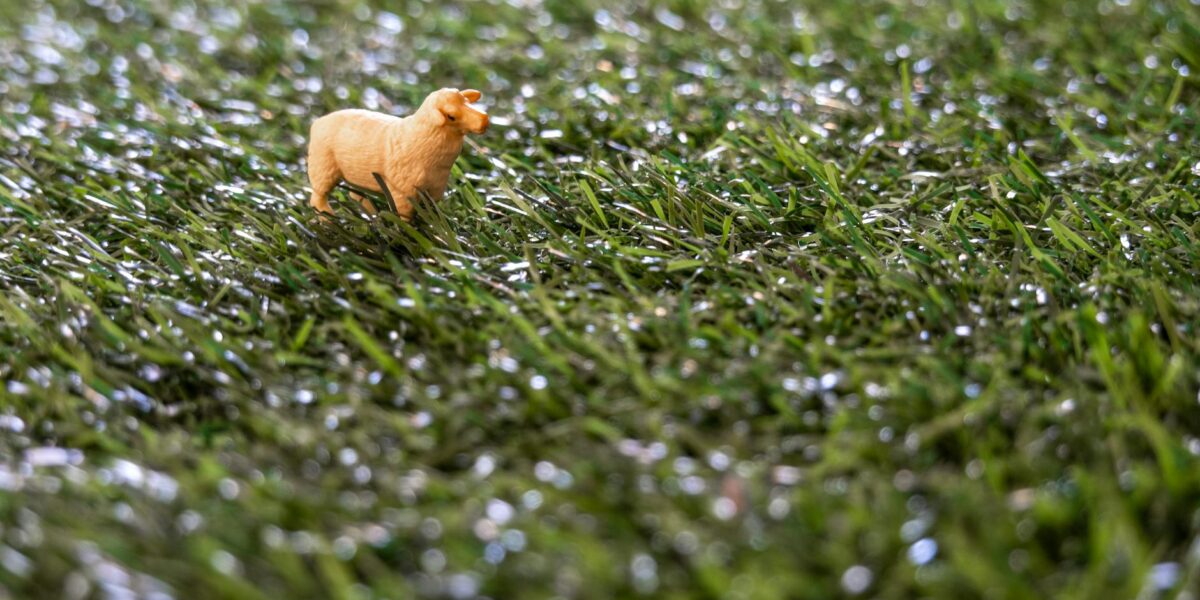 Close-up of a miniature sheep figurine in a field of artificial grass depicting a playful concept.