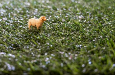 Close-up of a miniature sheep figurine in a field of artificial grass depicting a playful concept.