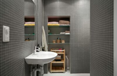 A sleek, modern bathroom showcasing minimalist design with functional shelving and clean aesthetics.