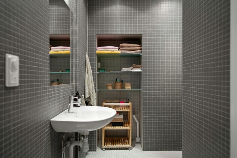 A sleek, modern bathroom showcasing minimalist design with functional shelving and clean aesthetics.
