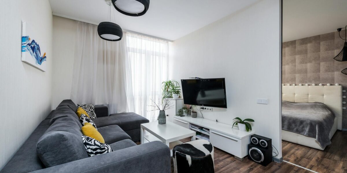 Bright living room interior with modern furnishings and cozy atmosphere, featuring a gray sofa and indoor plants.