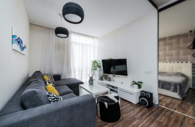 Bright living room interior with modern furnishings and cozy atmosphere, featuring a gray sofa and indoor plants.