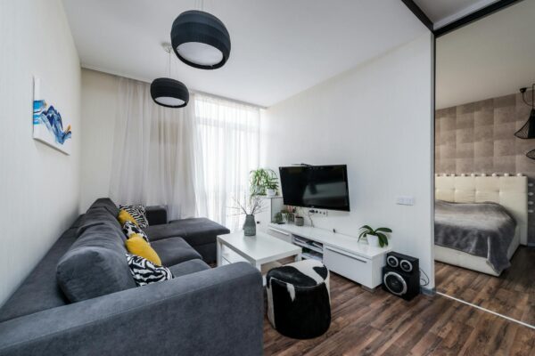 Bright living room interior with modern furnishings and cozy atmosphere, featuring a gray sofa and indoor plants.