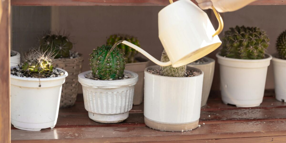 A hand watering potted cacti with a white watering can, enhancing indoor garden decor.