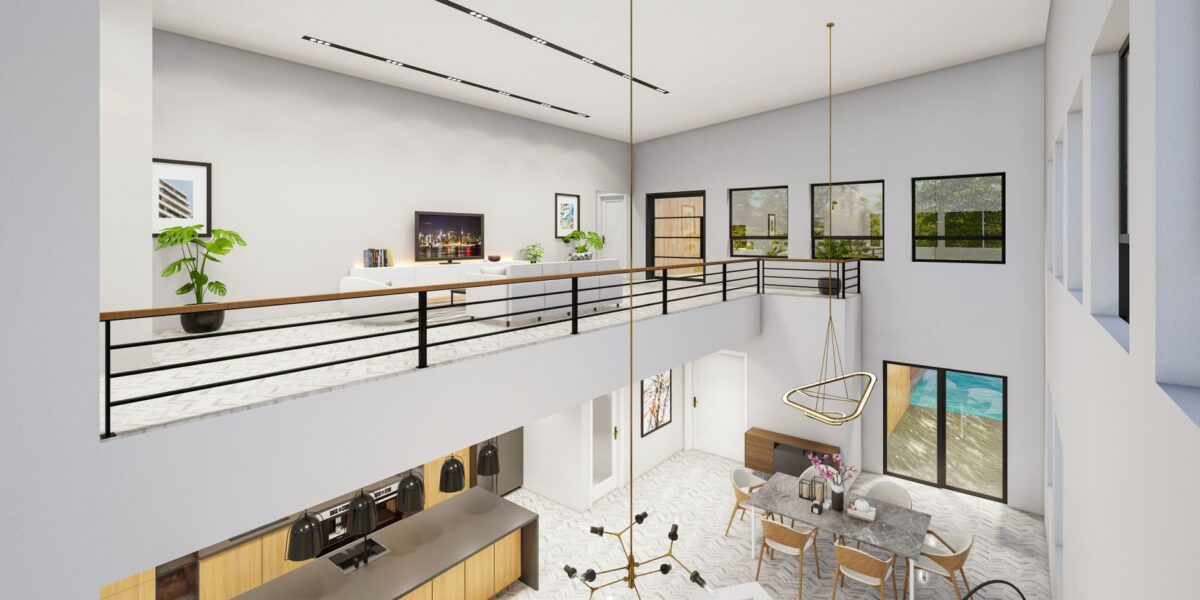 Spacious modern home interior with minimalist design and open balcony view.