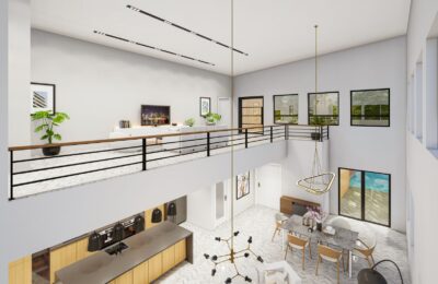 Spacious modern home interior with minimalist design and open balcony view.