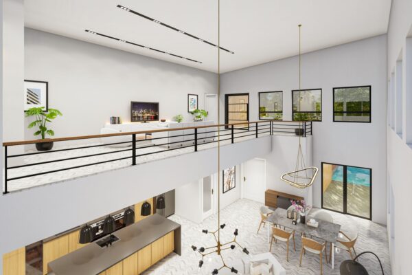 Spacious modern home interior with minimalist design and open balcony view.