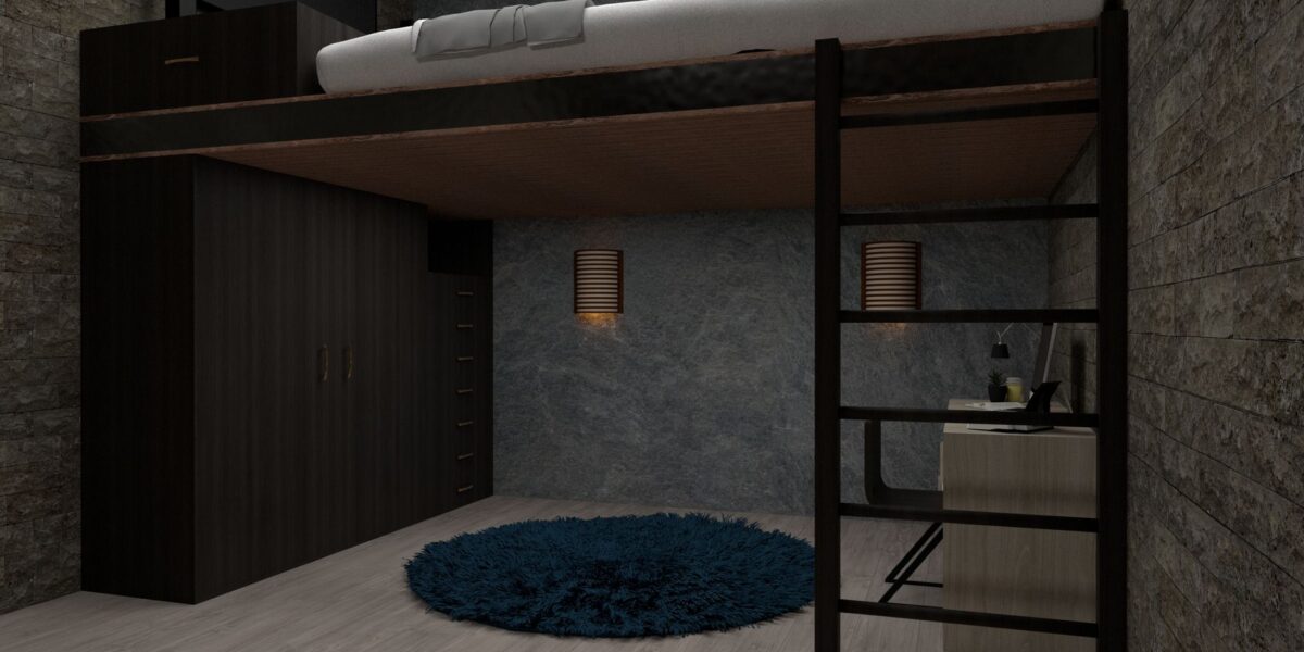 Stylish modern loft bedroom with minimalist design and multifunctional furniture.