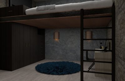 Stylish modern loft bedroom with minimalist design and multifunctional furniture.