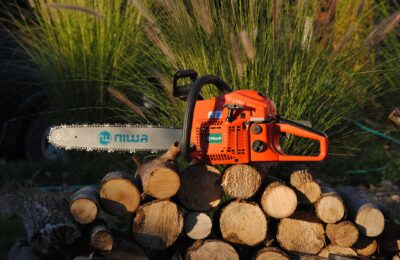 Orange chainsaw resting on cut logs in a sunlit garden, surrounded by greenery.