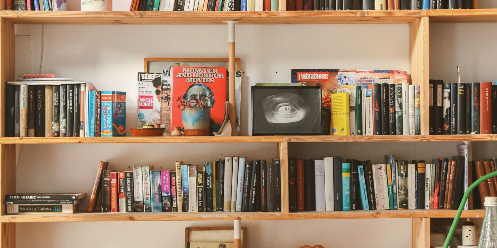 Wooden bookshelf filled with diverse books and decor in a cozy setting.