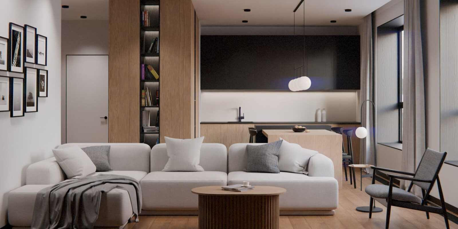 Sleek and modern minimalist living room interior with neutral palette and stylish furnishings in Cluj-Napoca.